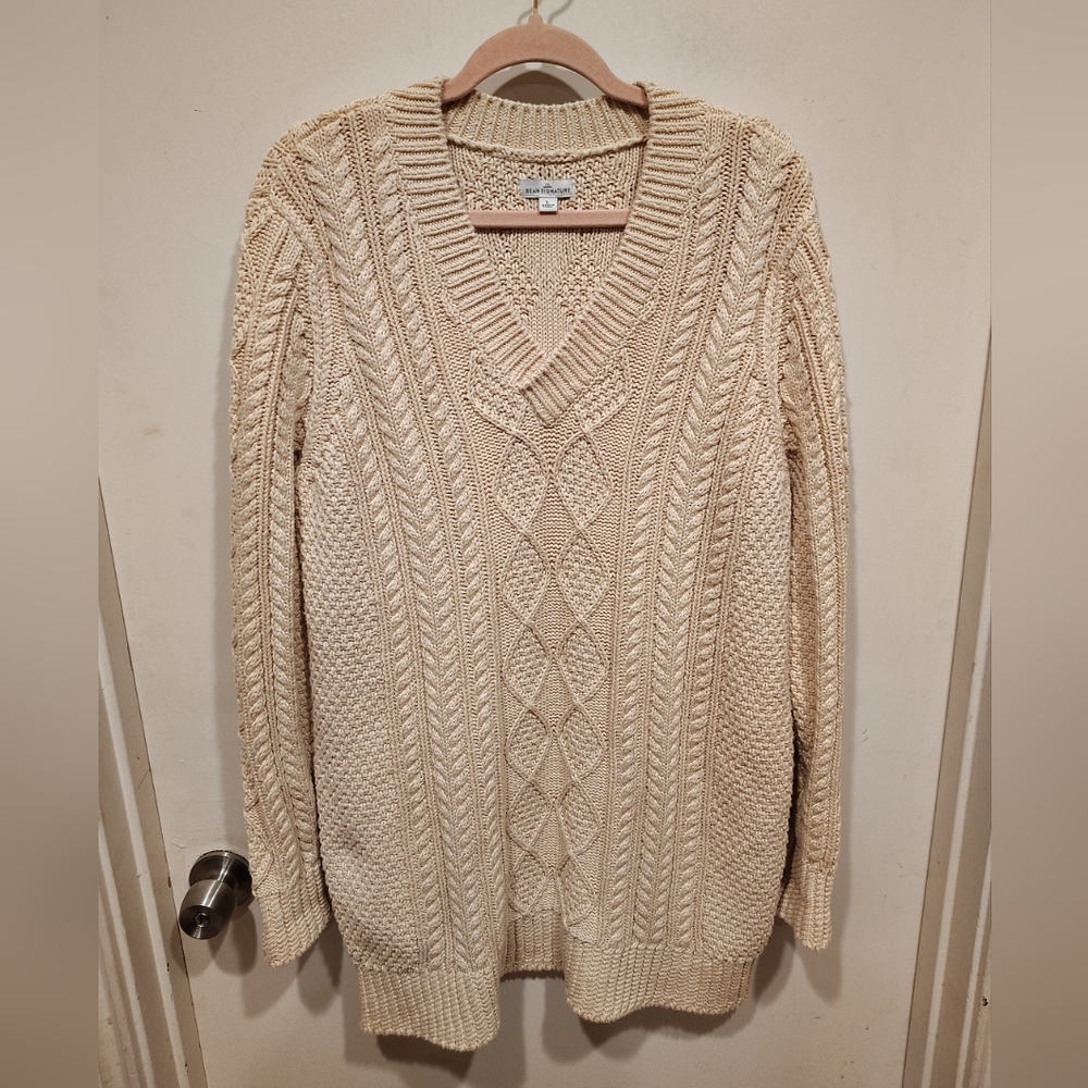 L.L. Bean Signature Women's Ivory Cable Knit Fisherman's Sweater Sz L Winter